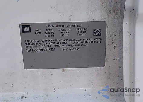 2015 Chevrolet Sonic Lt Auto z USA, uszkodzony, nr VIN 1G1JC5SB8F4115561